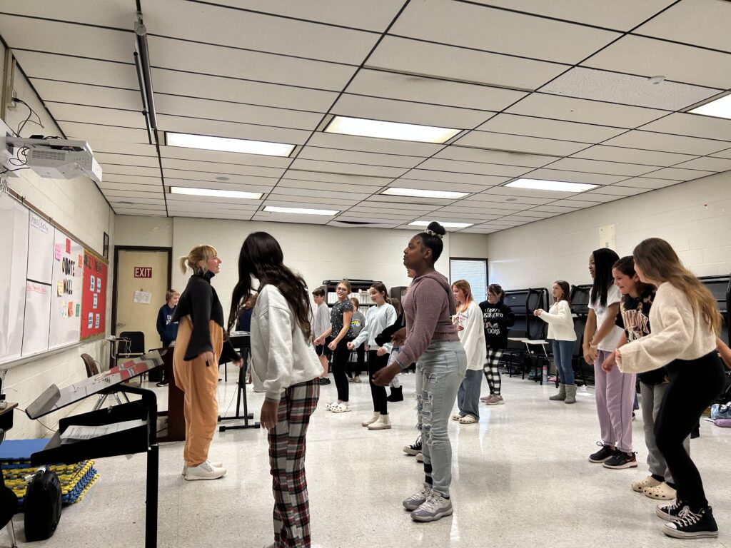 CCF Teaching Artist Adrienne Kraus Latanishen teaches hip-hop classes at QACHS & Centreville Middle School