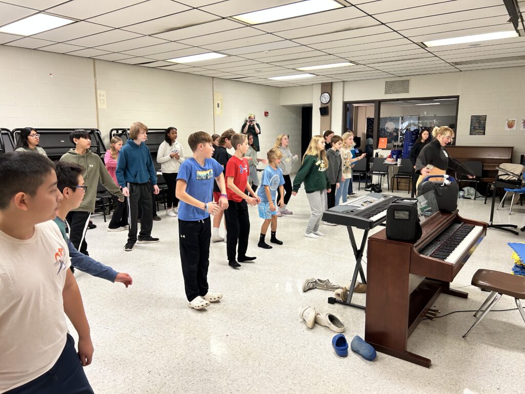 CCF Teaching Artist Adrienne Kraus Latanishen teaches hip-hop classes at QACHS & Centreville Middle School