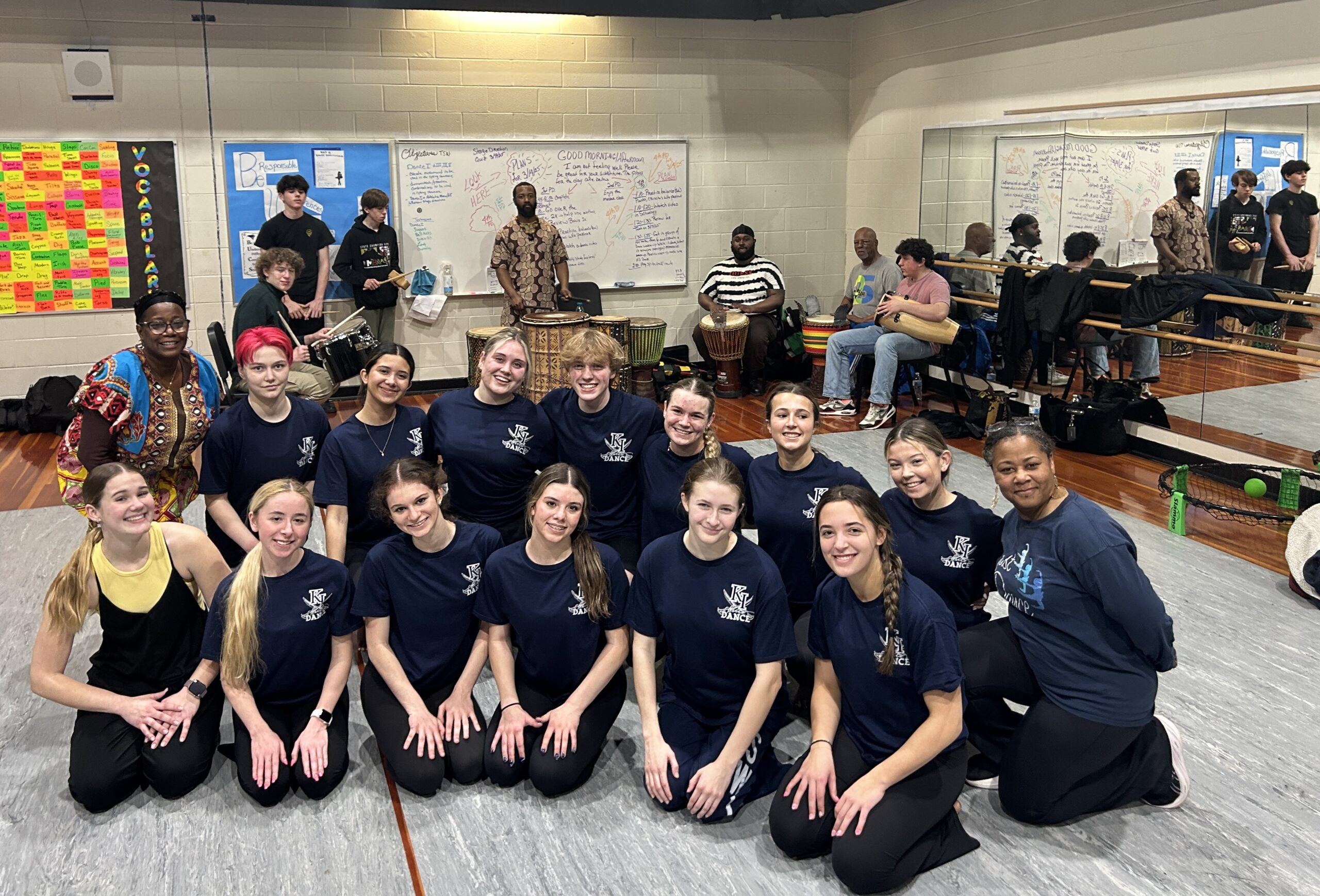 Second row left, Sylvia Soumah, first row left, CCF Associate Teaching Artist Gabby Pfeifer and second row right, Amber Wright, Director of Dance at KIHS with her students