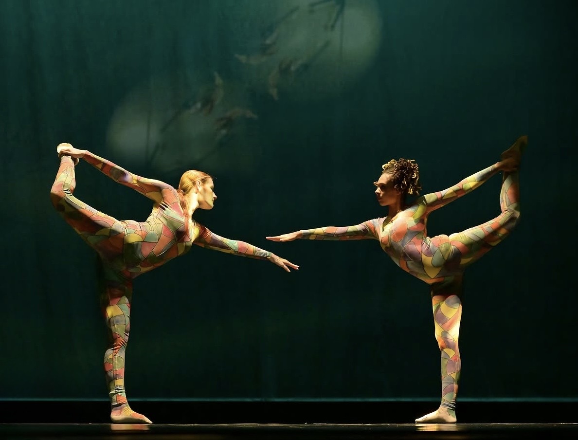 Dance Company members Sarah Harris and LeAnn Jones on stage in Adrienne Kraus Latanishen's new dance, The Clockwork Garden.